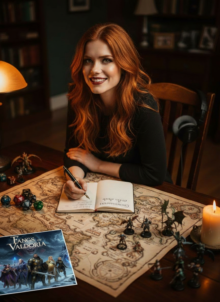 Scarlet Thornes at a campaign table with dice, maps, and character sheets — introducing Voice of the Realms