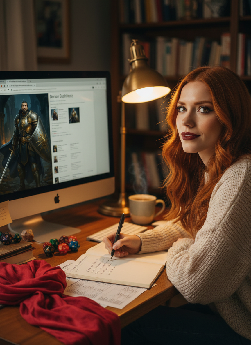Scarlet Thornes drafting the Dorian Stahlherz introduction with his character sheet and portrait at her desk