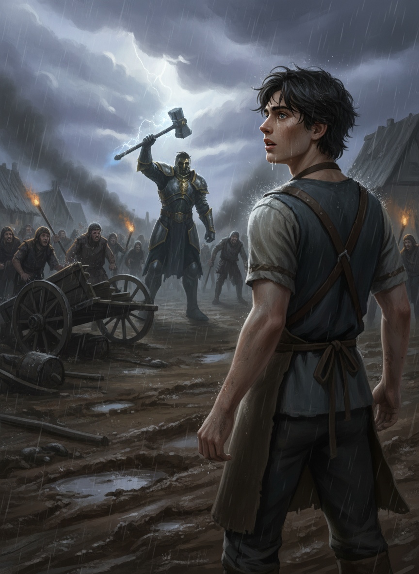 Young Dorian watching a travelling paladin defend his village — the memory that shaped his oath