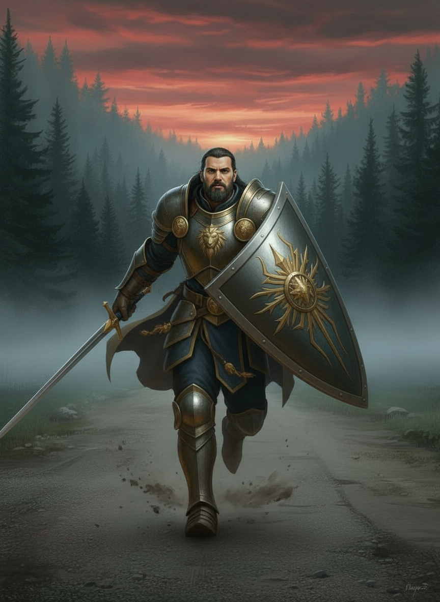 Dorian Stahlherz in silver-gold plate at the road to Valdoria — duty before the first quest
