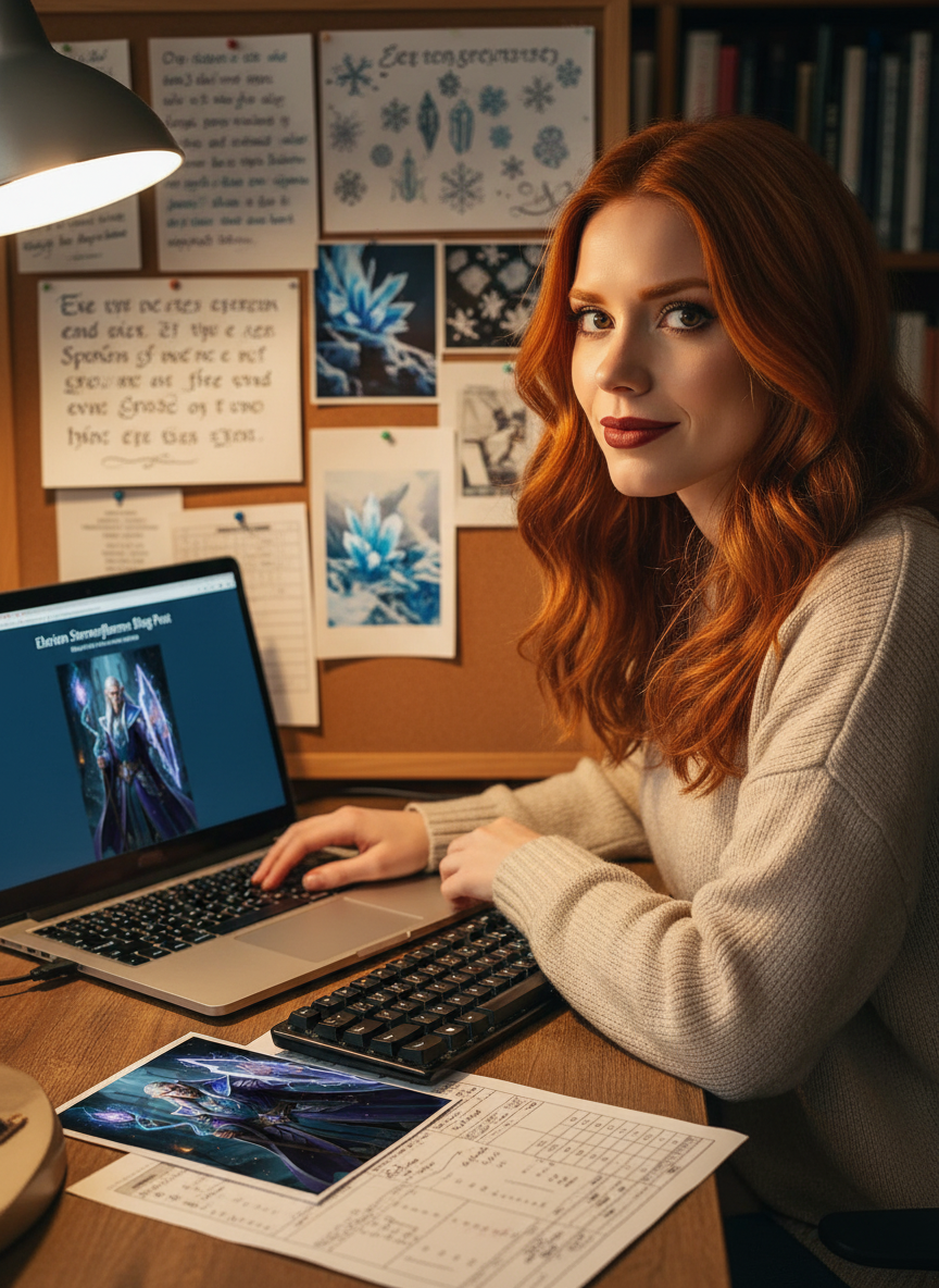 Scarlet Thornes writing the Elarion Sternenflamme introduction with frost-themed notes and his character sheet