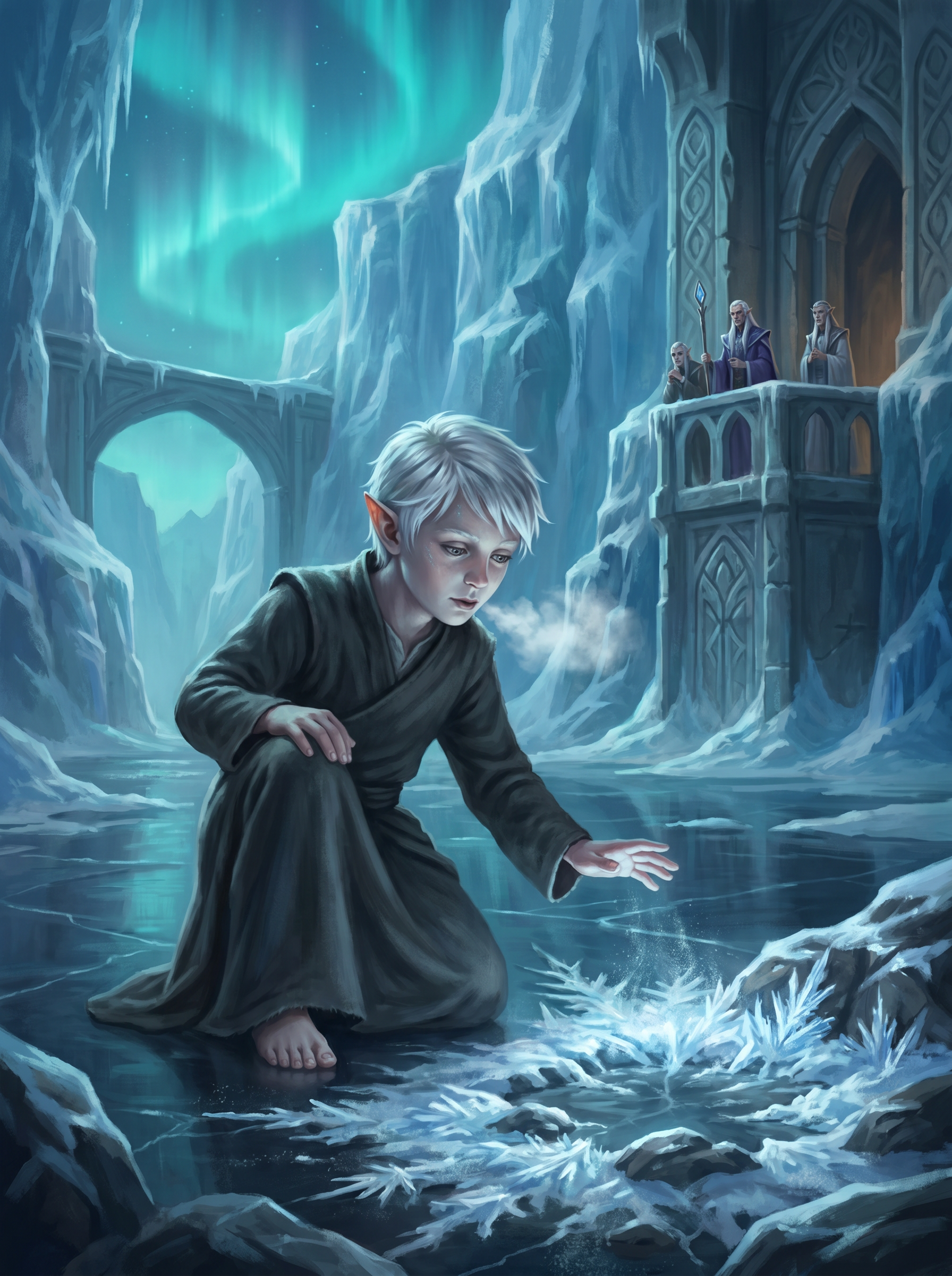 Elarion as a child in the Silverfrost Mountains, frost forming at his fingertips — the child of the winter wind