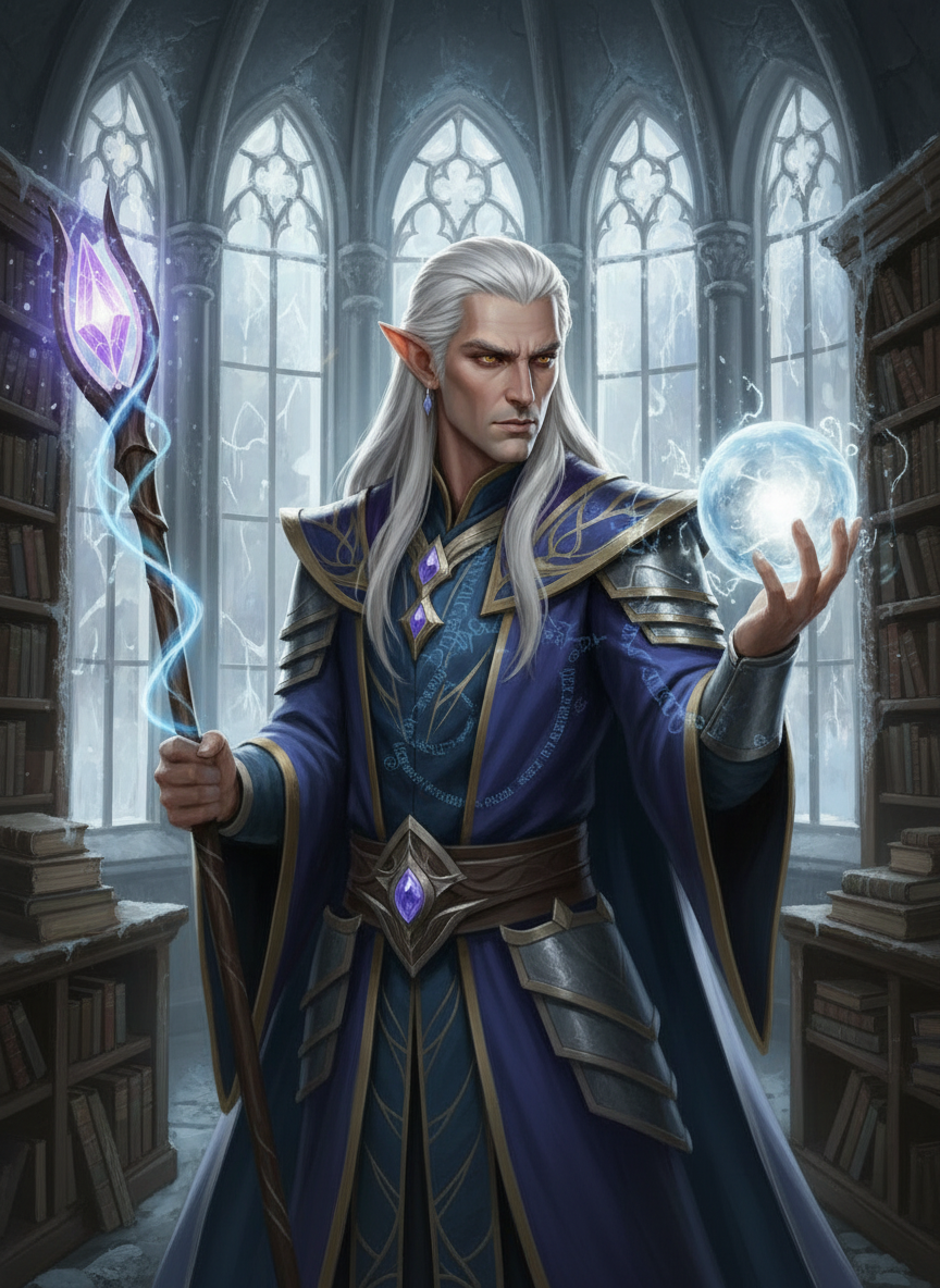 Elarion Sternenflamme in the Silverfrost Tower, holding the dragon-forged ice sphere that began his road