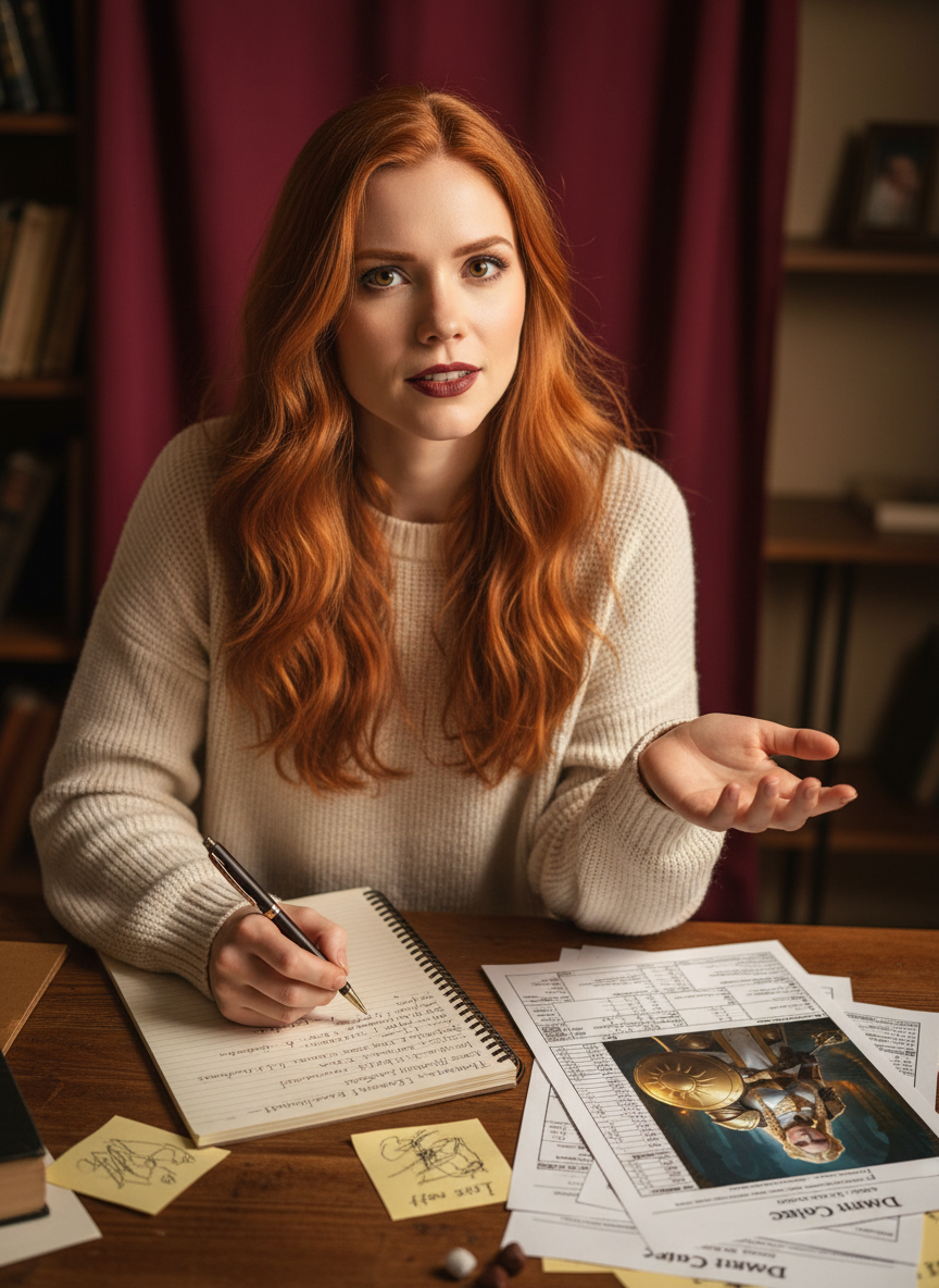 Scarlet Thornes composing the Thargrima Eisenwacht introduction with cleric character sheet and hero portrait
