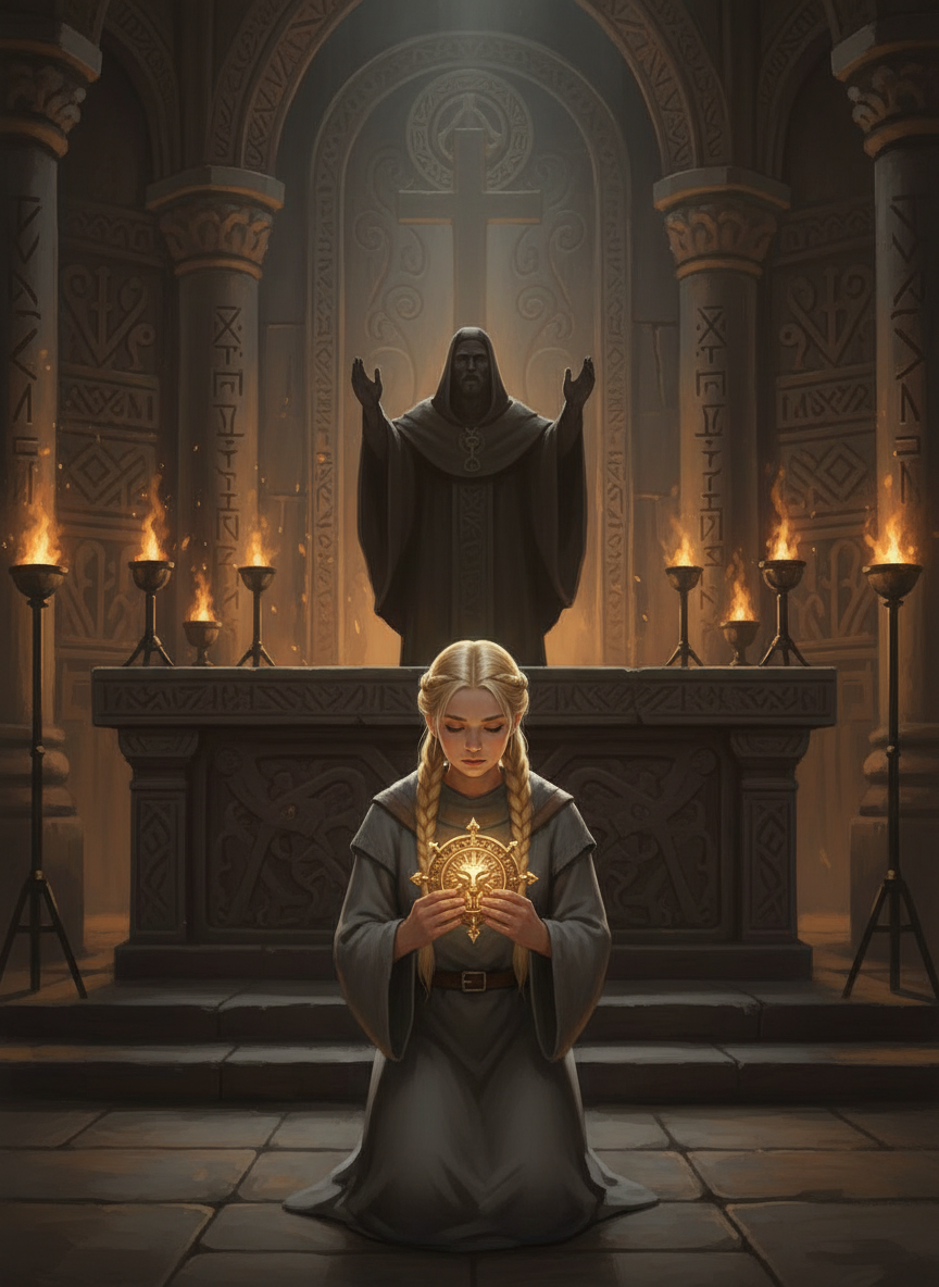 Young Thargrima kneeling in the halls of Iron Cliff as an acolyte — faith as training, not comfort