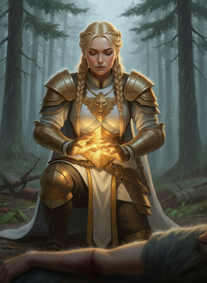 Thargrima Eisenwacht radiating golden healing light over a wounded companion after the werewolf chase