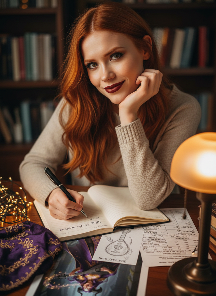 Scarlet Thornes writing the Lyra Nachtgesang introduction with troupe-era mood references and bard character sheet