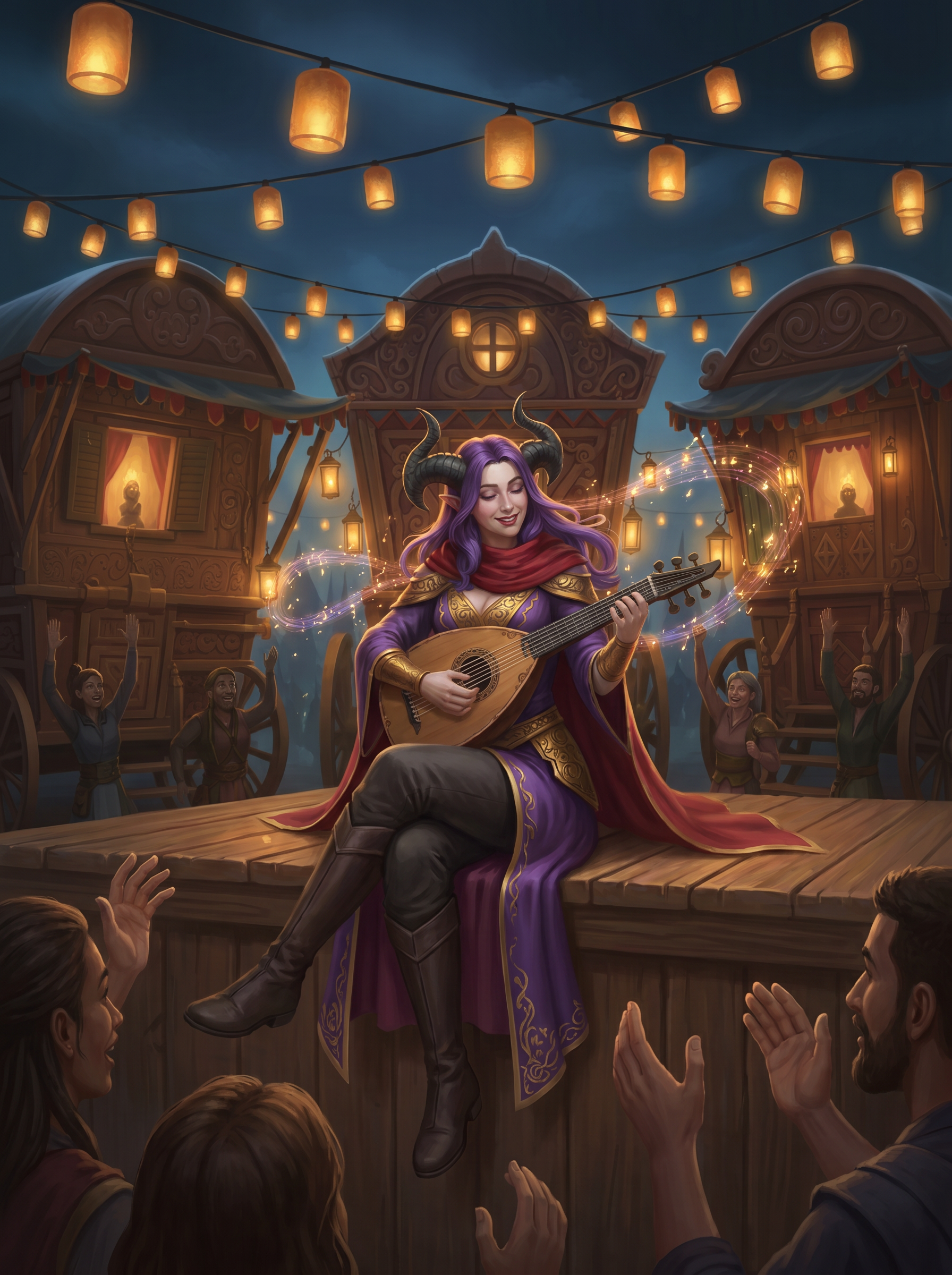 Lyra Nachtgesang performing beside the travelling troupe wagons — home she never left