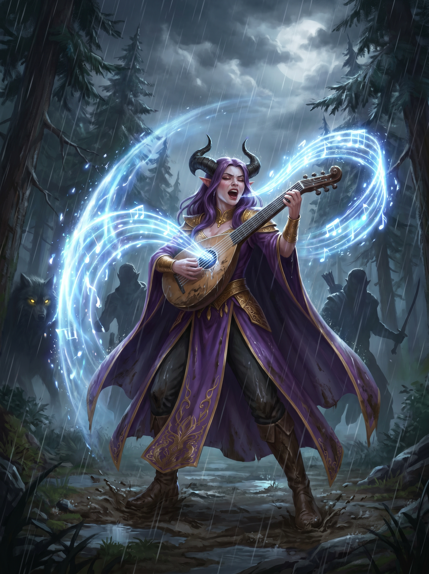 Lyra Nachtgesang raising a musical barrier in the rain-soaked Valdoria woods — rhythm as the only wall left