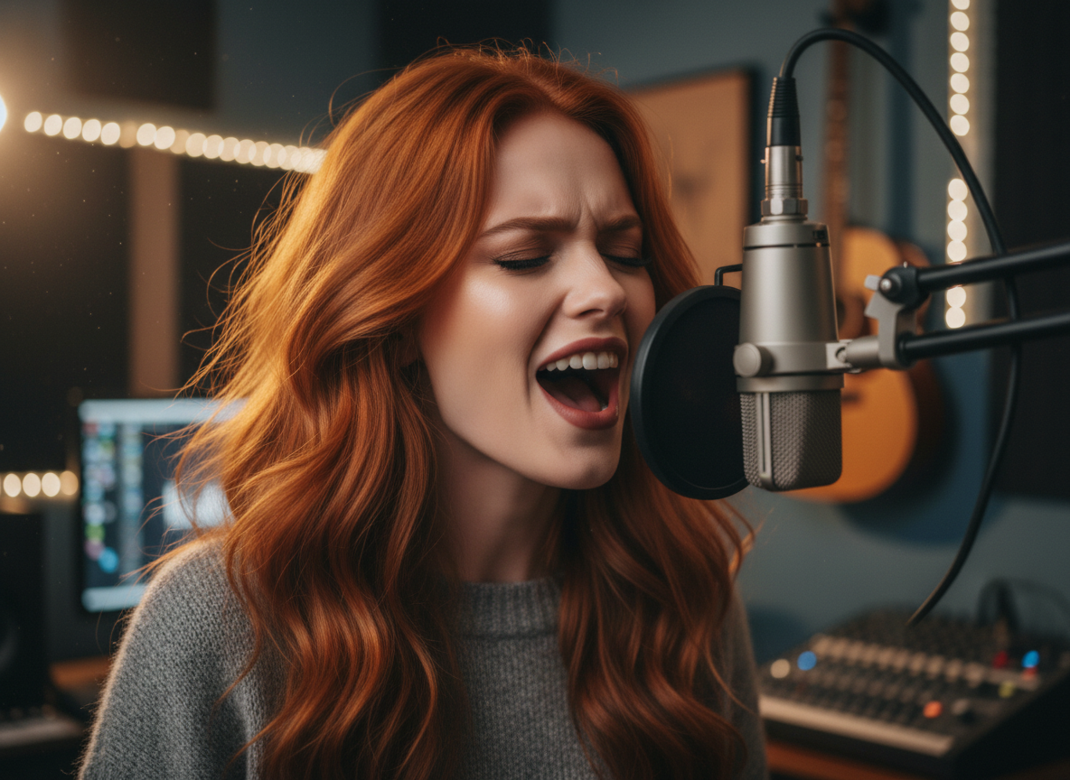 Scarlet in a dimly lit music studio creating Moonlit Howl