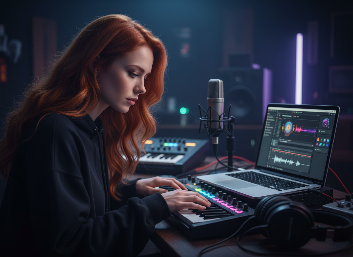 Scarlet in a dimly lit music studio creating Wails in the Marsh