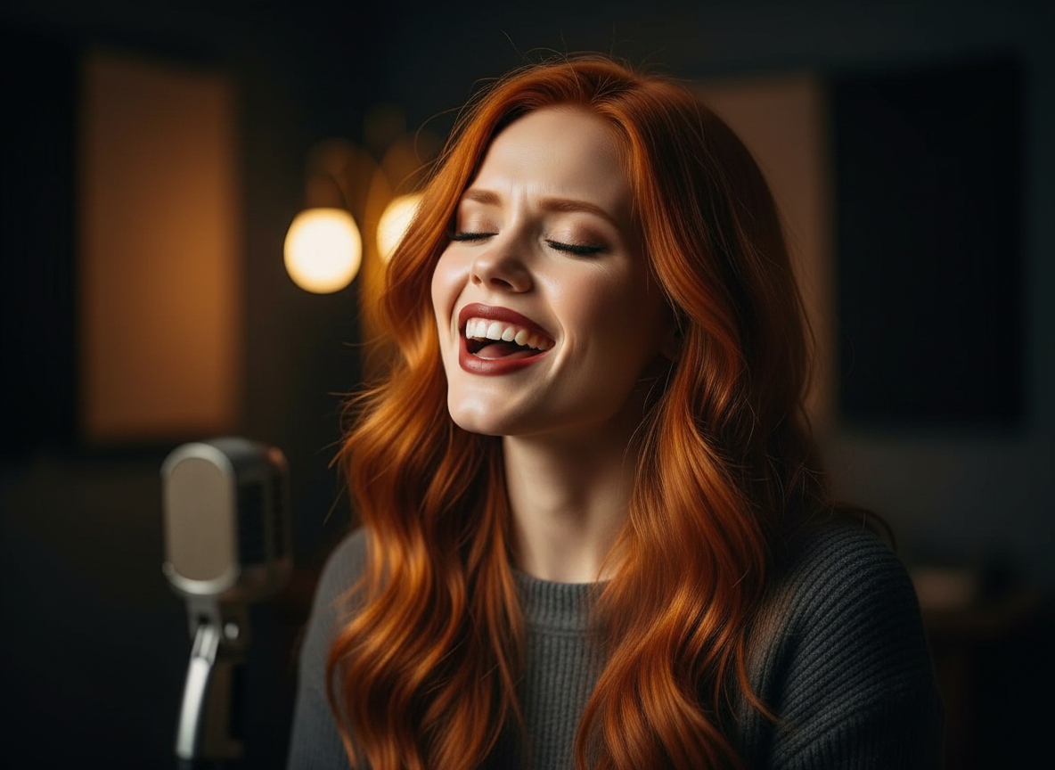 Scarlet in a dimly lit music studio creating Silver & Blood