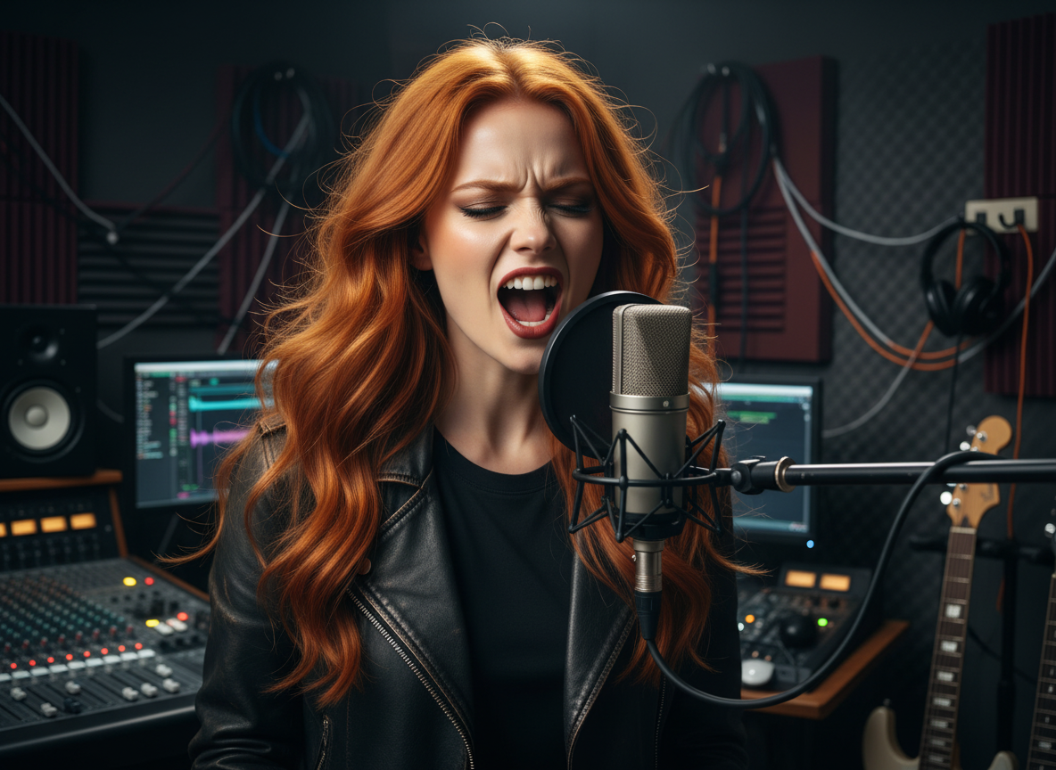 Scarlet in a dimly lit music studio creating Fangs of Valdoria