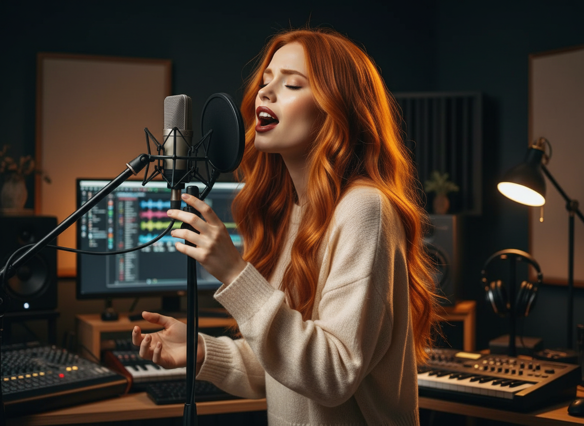 Scarlet in a dimly lit music studio creating Ritual of Dawn