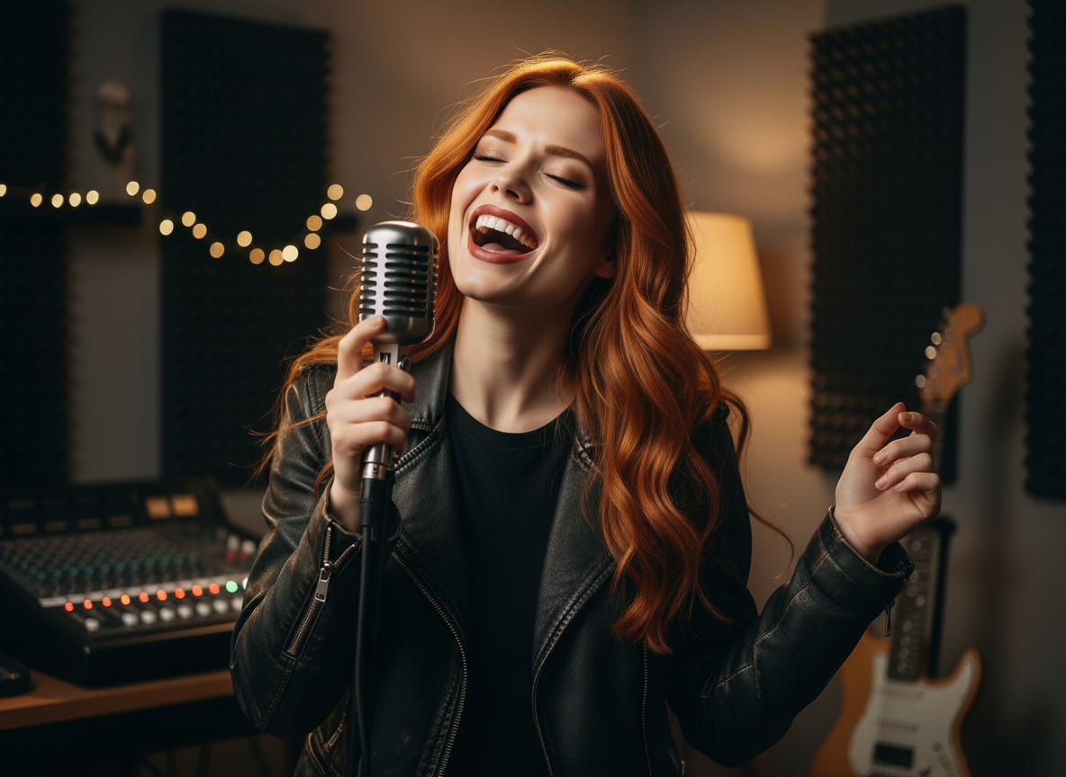 Scarlet in a dimly lit music studio creating Eclipse of Redemption