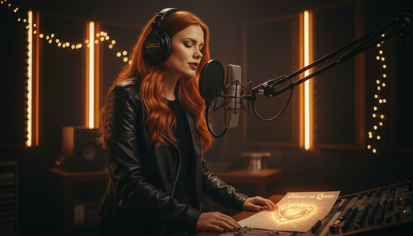 Scarlet in a dimly lit music studio creating Gem of the Queen