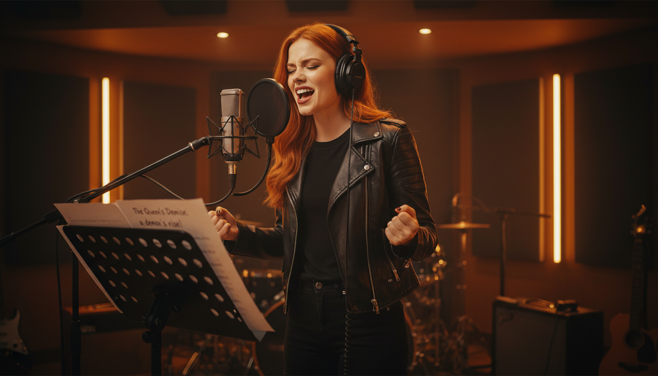 Scarlet in a dimly lit music studio creating Betrayal of the Crown