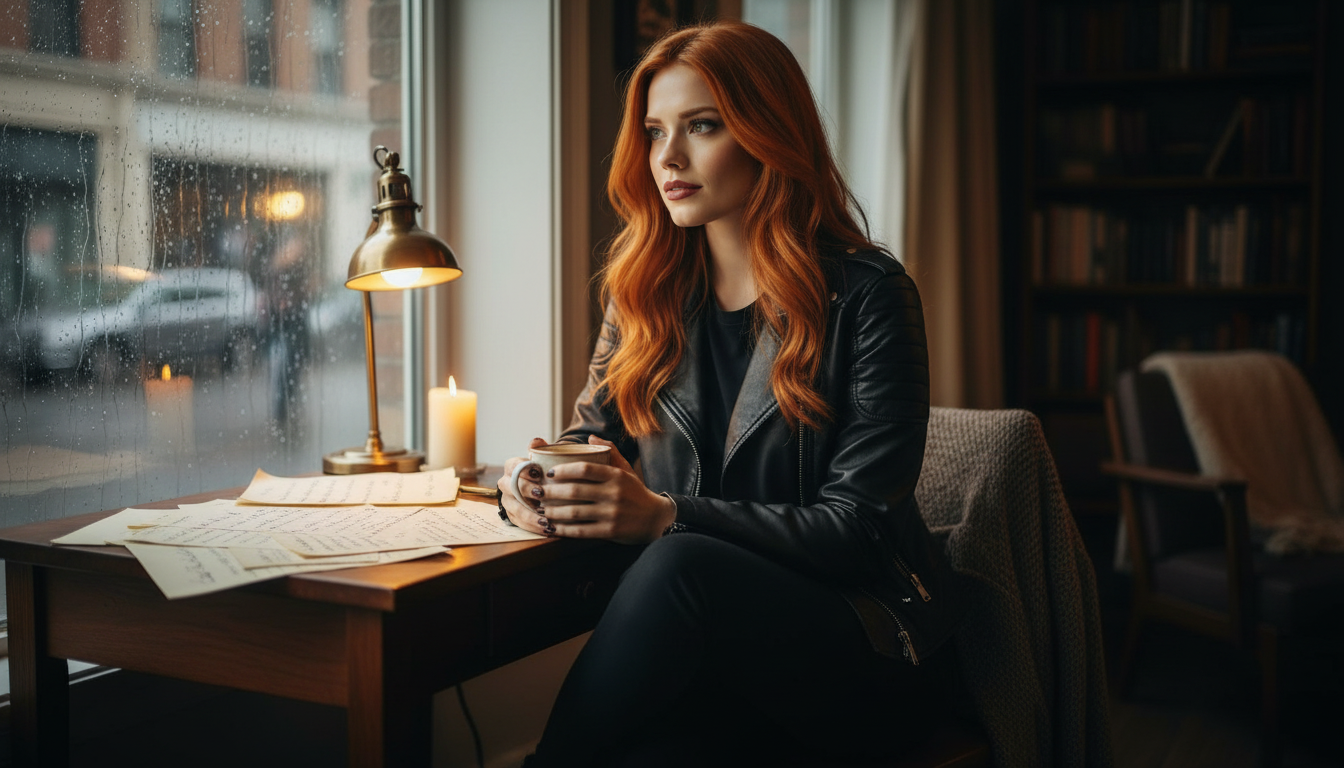 Scarlet cozily at her desk with coffee and notes for Betrayal of the Crown