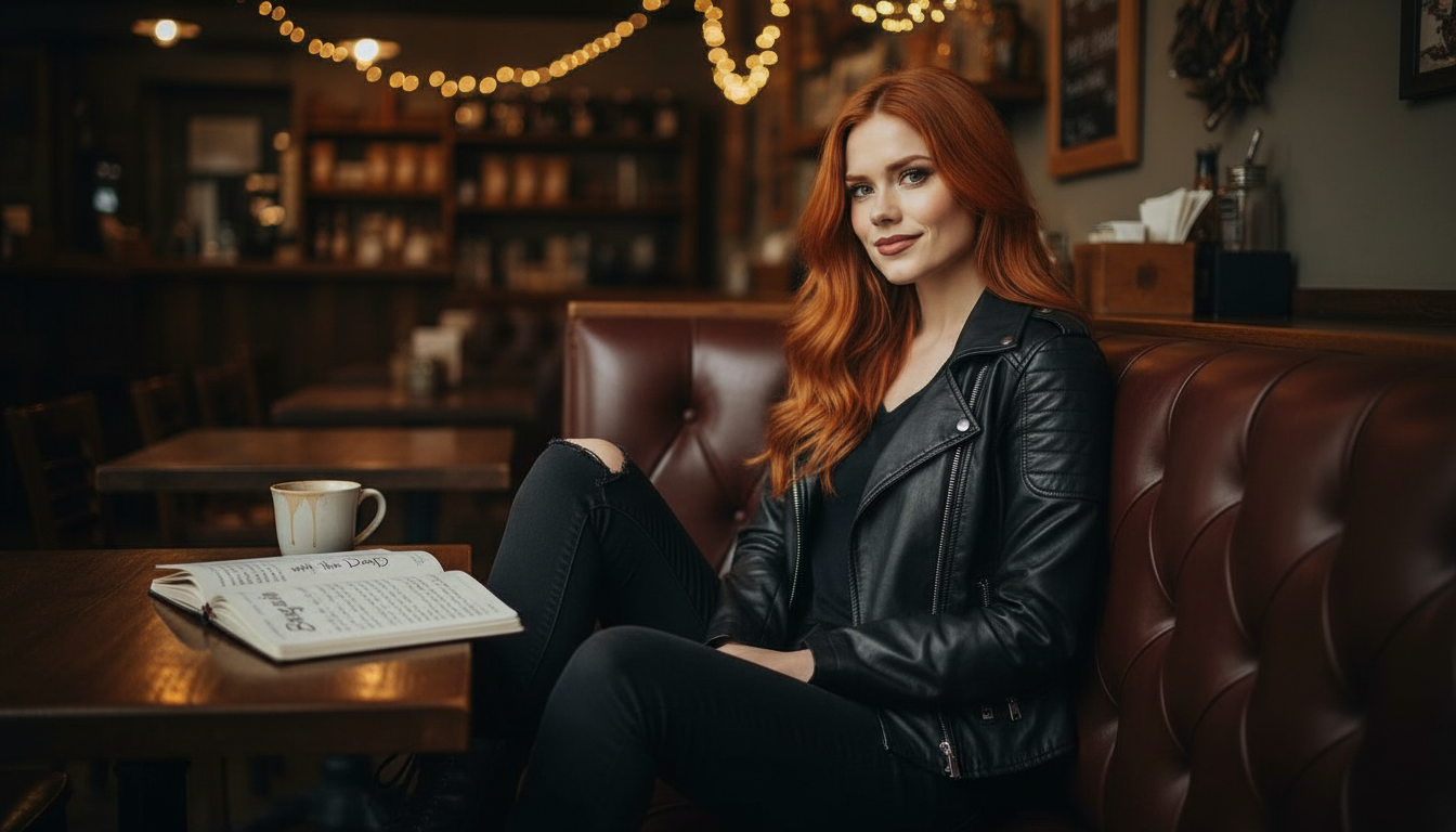 Scarlet cozily in a dim café booth with notes for Bargain with the Dark