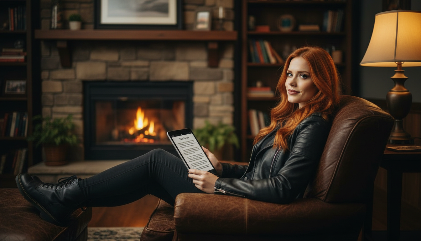 Scarlet cozily by the fireplace at home with Trial by Fire lyrics