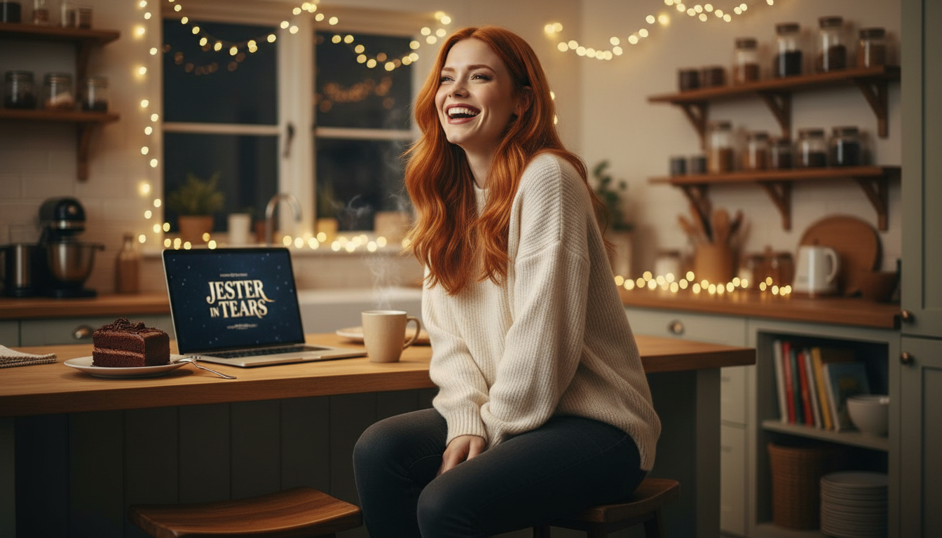 Scarlet cozily laughing at home with tea and Jester in Tears on her laptop