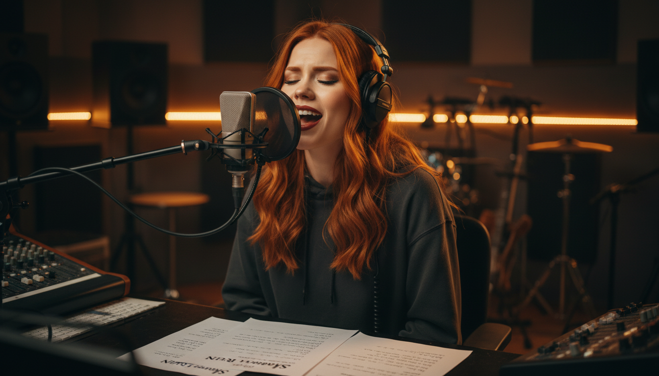 Scarlet in a dimly lit music studio creating Shadow of Ruin