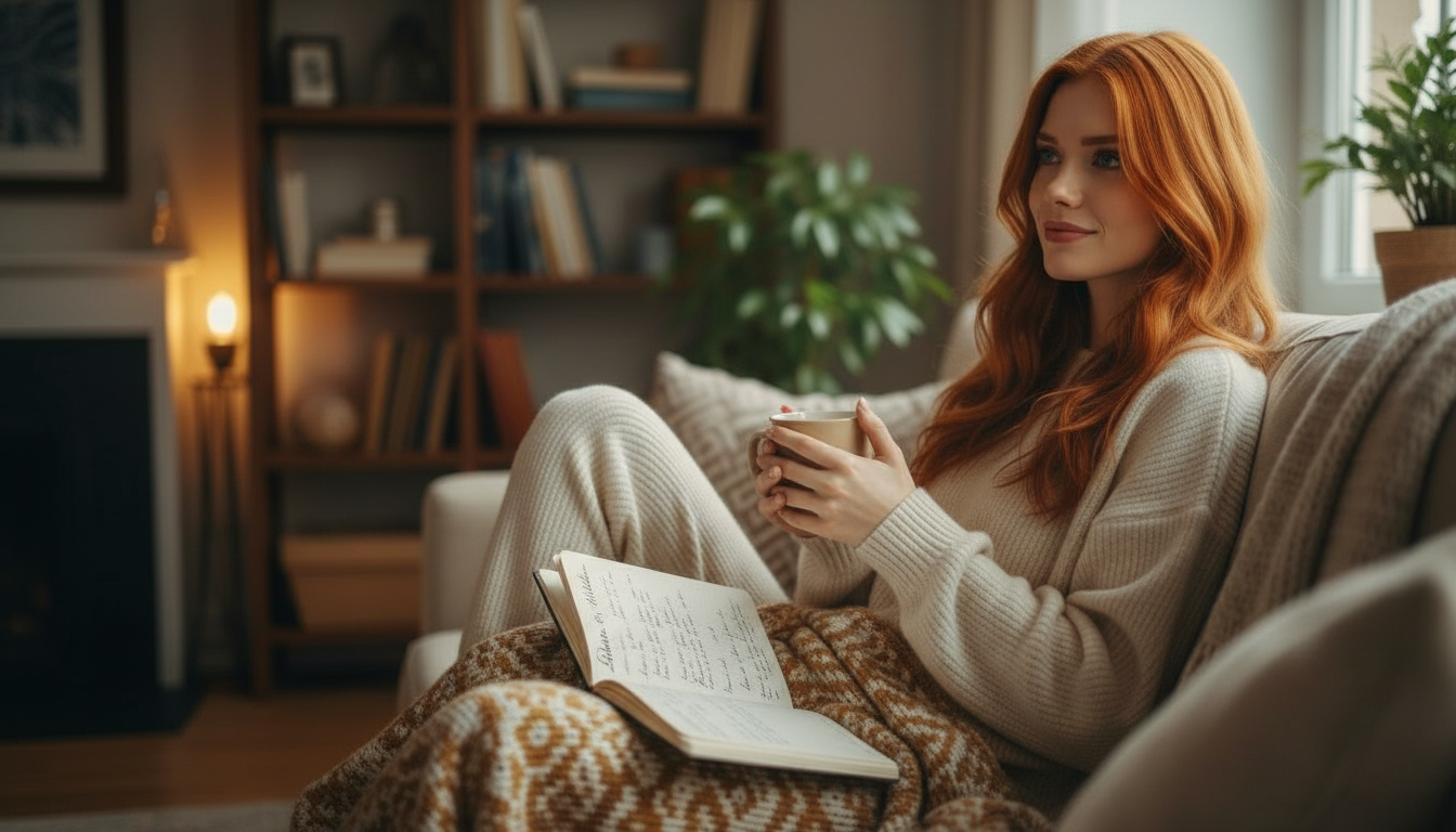Scarlet cozily at home with tea and journal notes for Shadow of Ruin