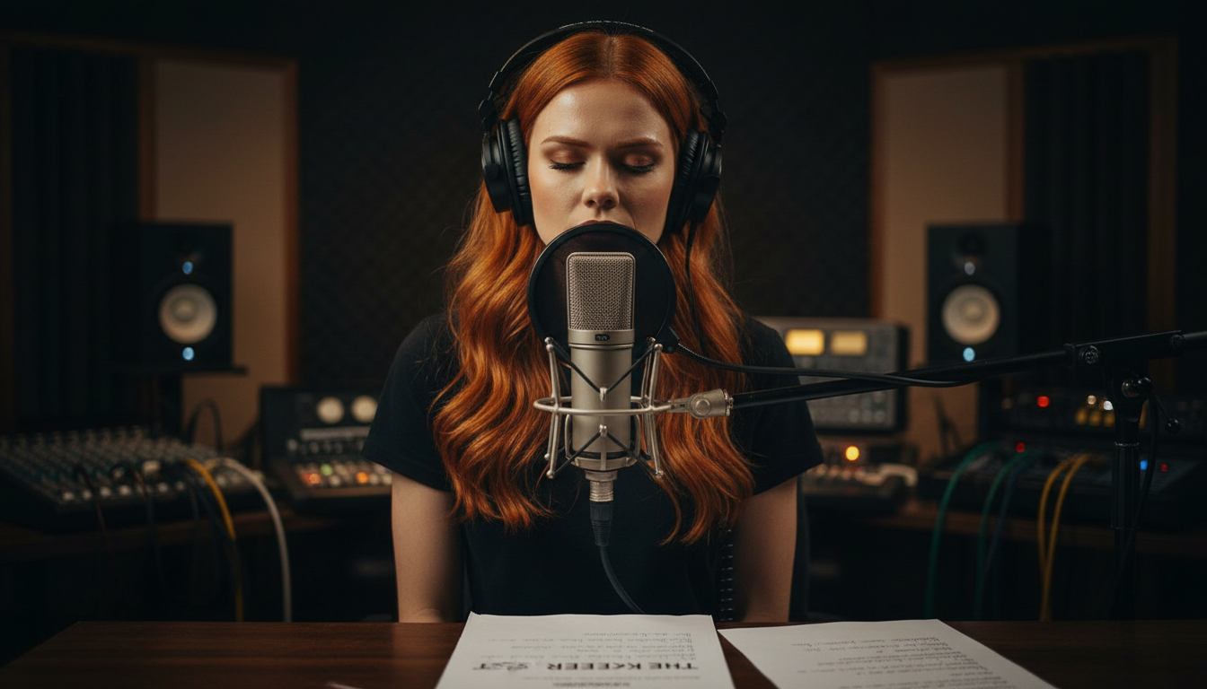 Scarlet in a dimly lit music studio creating The Keeper's Test