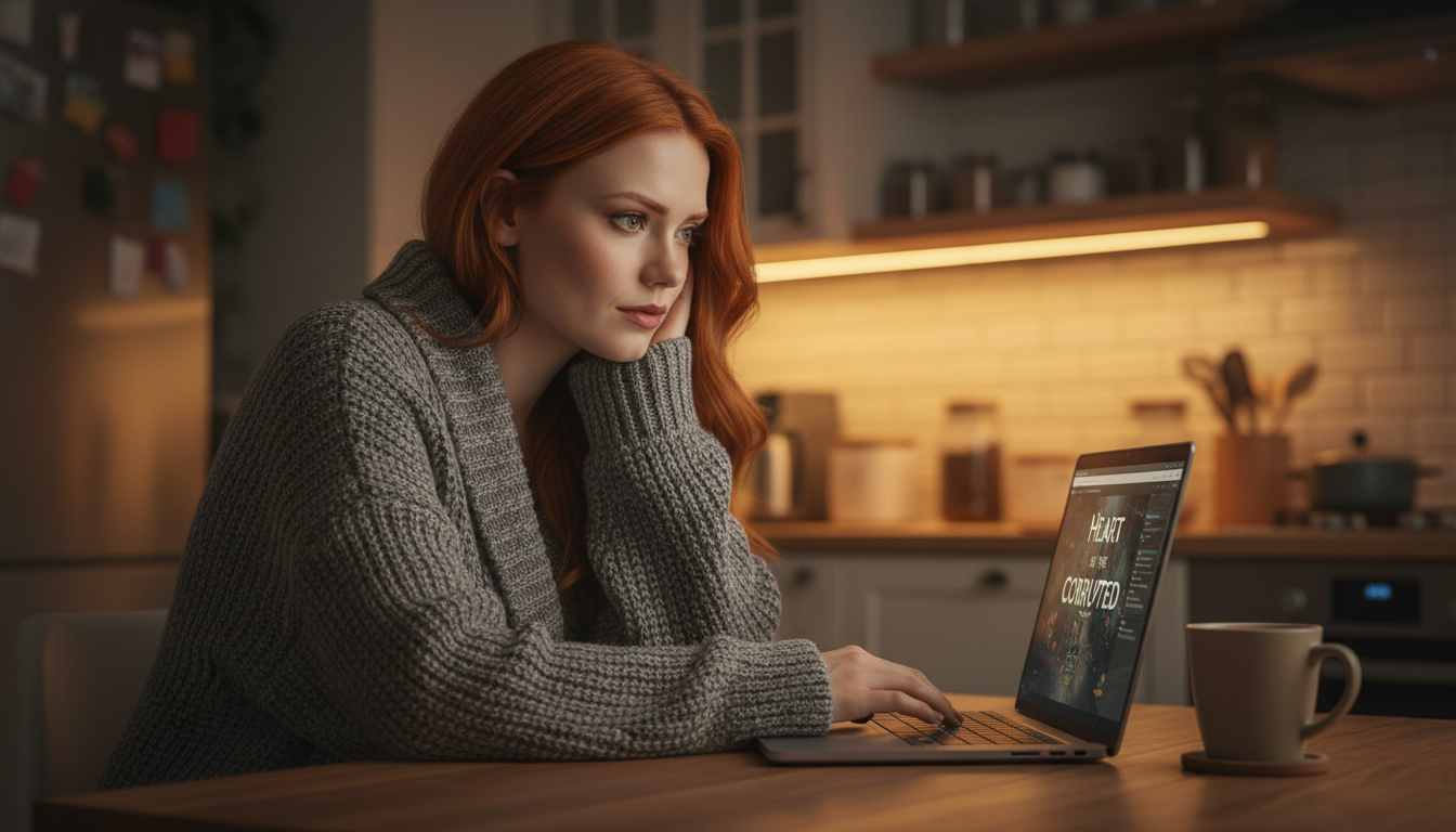 Scarlet cozily at her kitchen table with tea and Heart of the Corrupted on her laptop