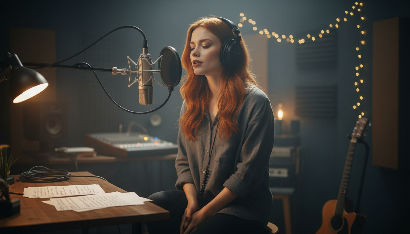 Scarlet in a dimly lit music studio creating The Sleeping Flame
