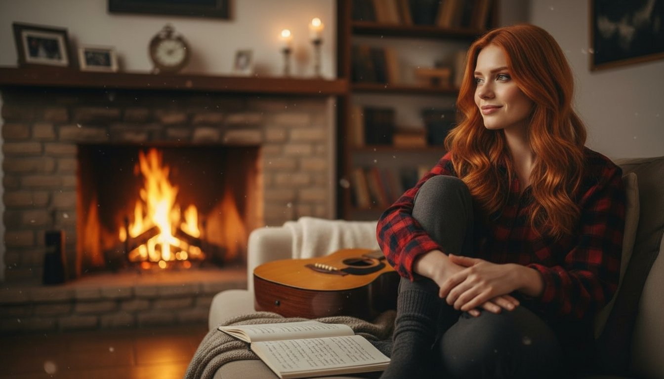 Scarlet cozily by the fireplace at home with guitar and Sleeping Flame lyrics