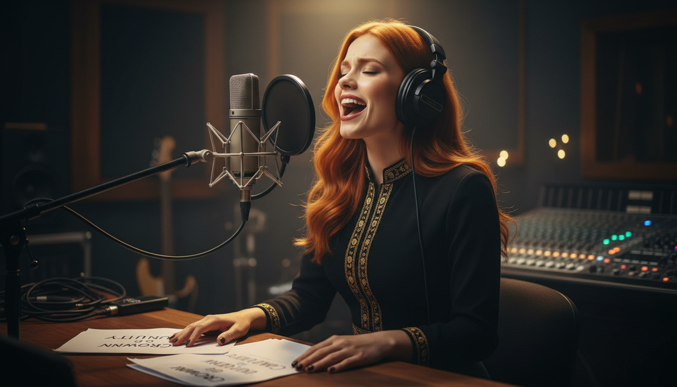 Scarlet in a dimly lit music studio creating Crown of Unity