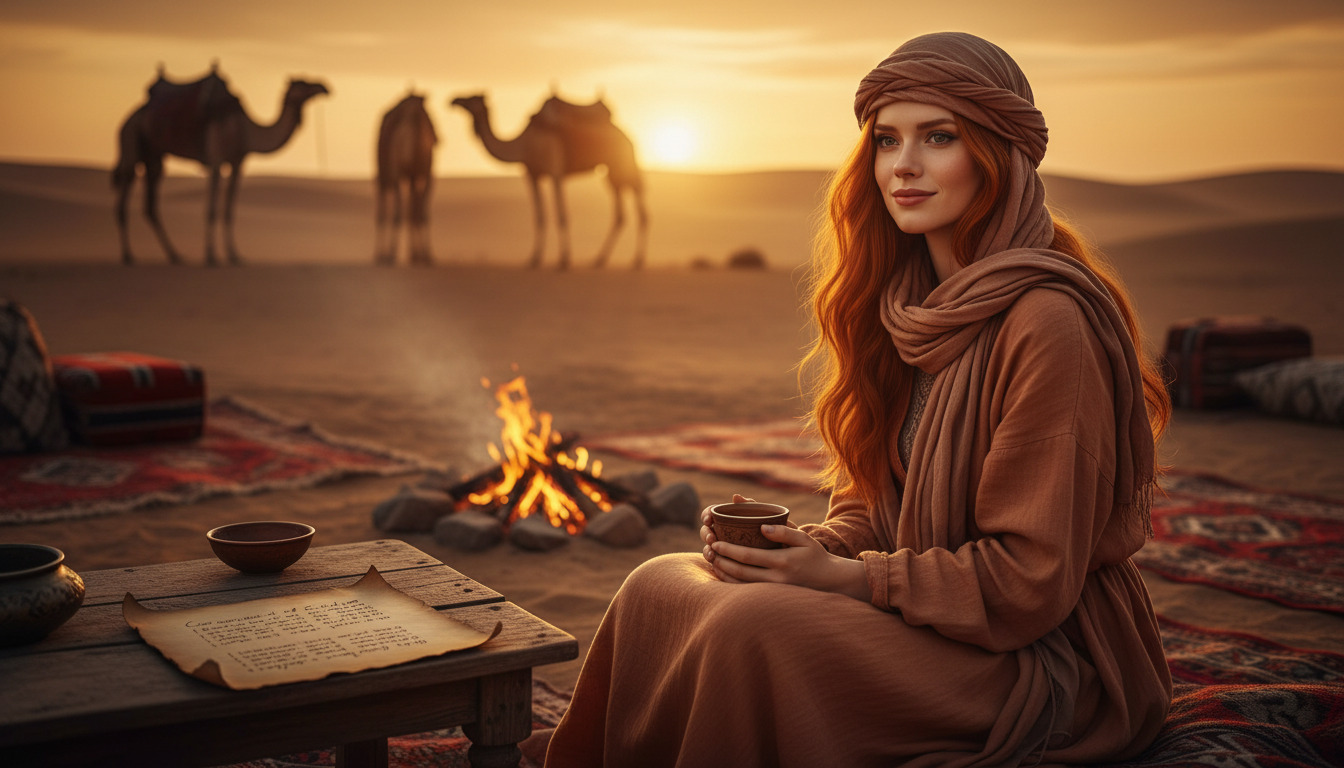 Scarlet cozily at a Bedouin camp at sunset with tea and Caravan of Cinders lyrics