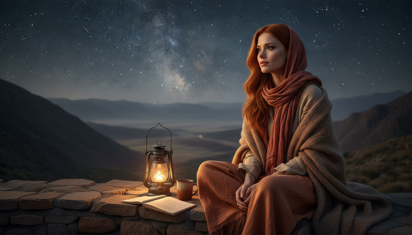 Scarlet cozily on a mountain terrace at night with tea and Oracle of Khor-Safra lyrics