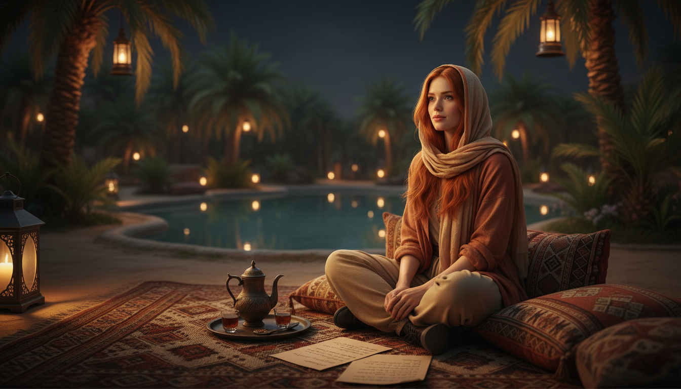 Scarlet cozily in a palm grove oasis at night with tea and The Deepest Well lyrics