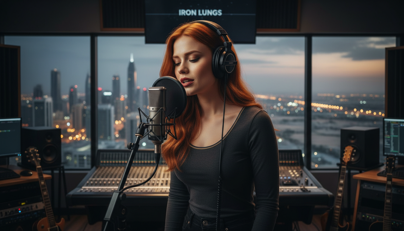 Scarlet in a Dubai skyscraper studio creating Iron Lungs