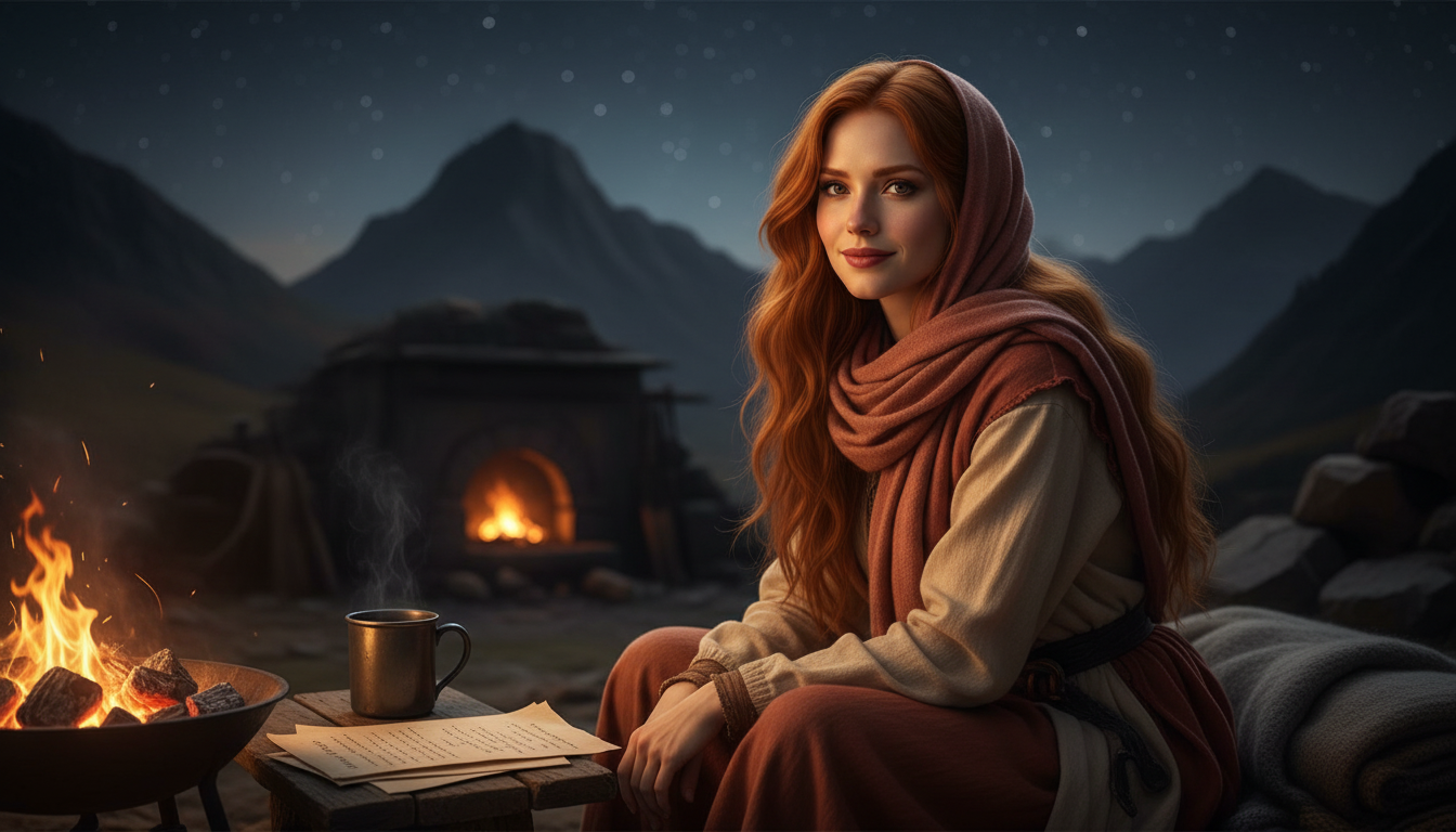Scarlet cozily camped outside the mountain forge at night with tea and Iron Lungs lyrics