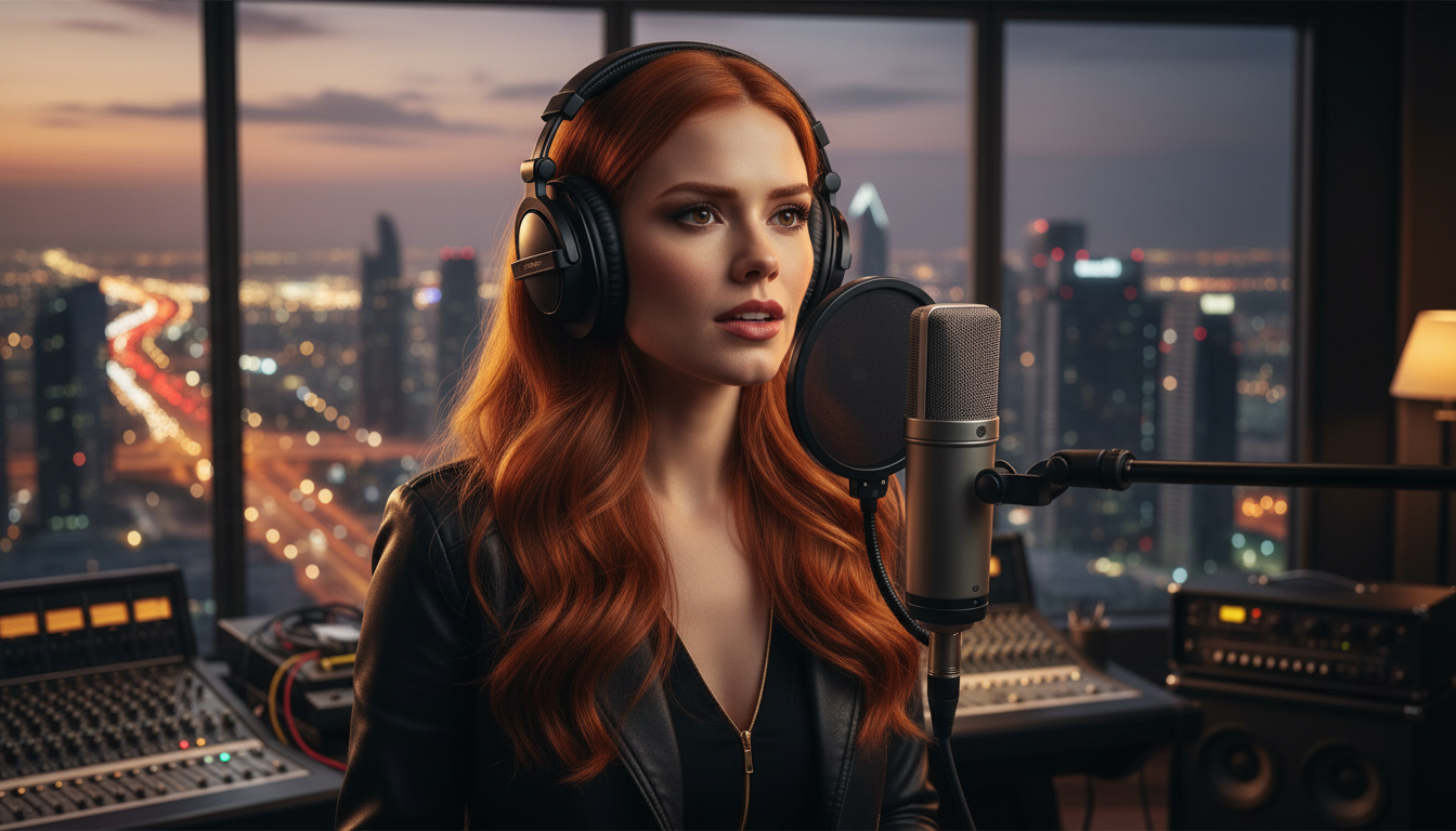 Scarlet in a Dubai skyscraper studio creating Lighthouse of Lies