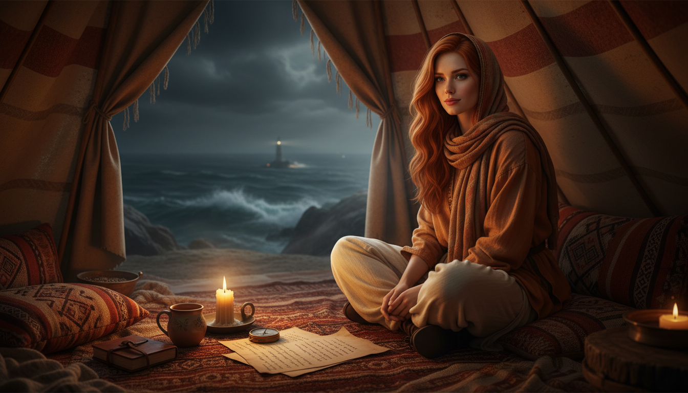 Scarlet cozily in a cliffside Bedouin tent at night with tea and Lighthouse of Lies lyrics