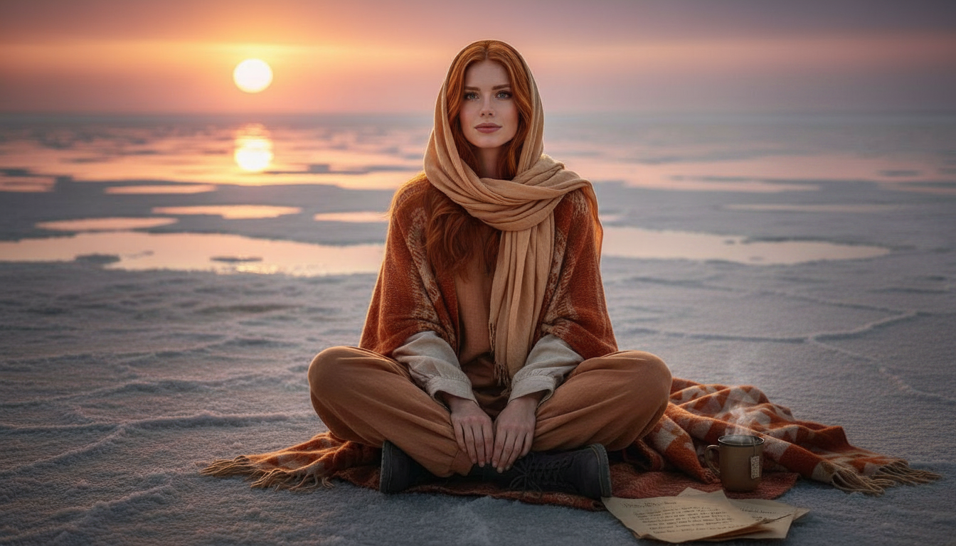Scarlet cozily camped on the salt lake shore at sunset with tea and Sunken Throne lyrics