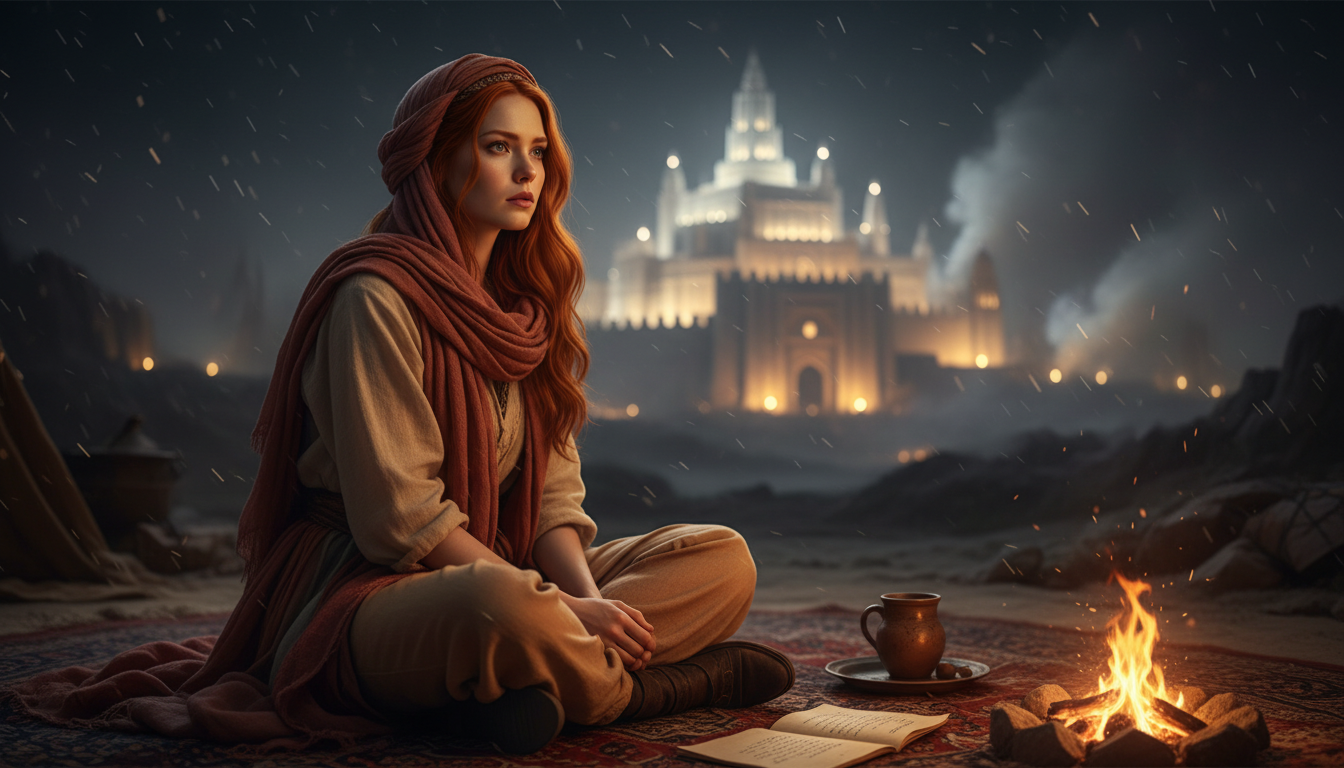 Scarlet cozily camped at the ash palace outskirts at night with tea and Emir of Ashes lyrics