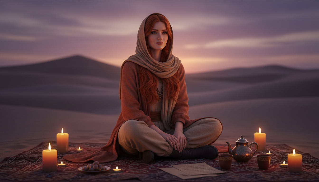 Scarlet cozily at a desert camp at dusk with candles and The Sultan's Secret lyrics