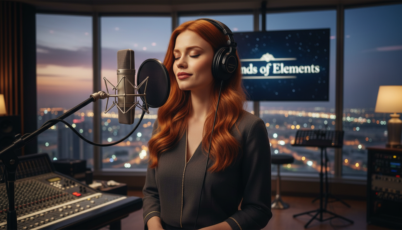 Scarlet in a Dubai skyscraper studio creating Sands of Elements