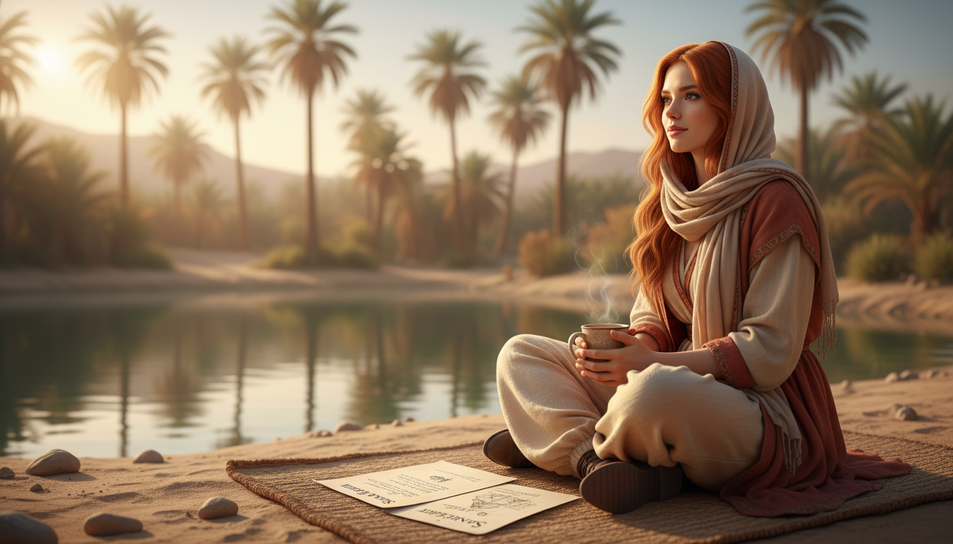Scarlet cozily at a desert oasis at dawn with morning tea and Sands of Elements lyrics
