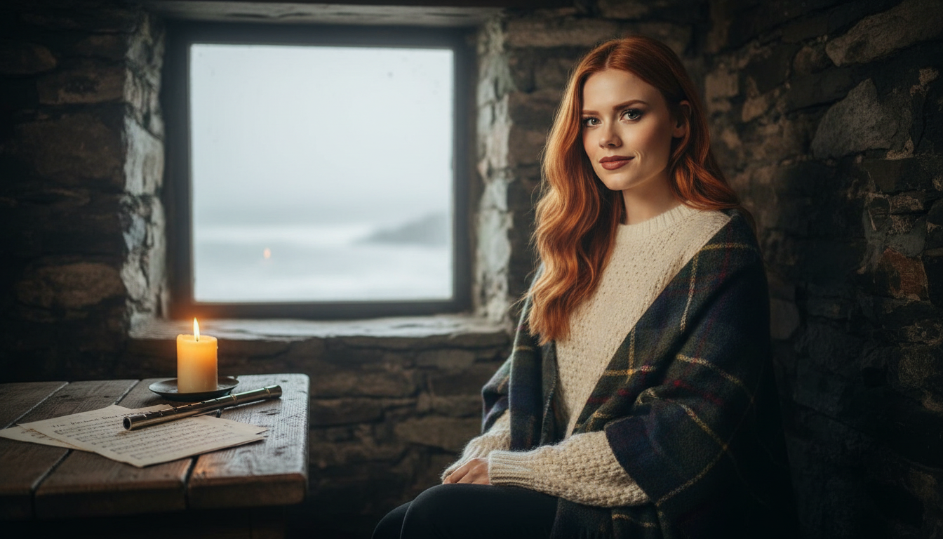 Scarlet resting after the music-video shoot on the misty shore at dusk, jacket off, wind-down on set
