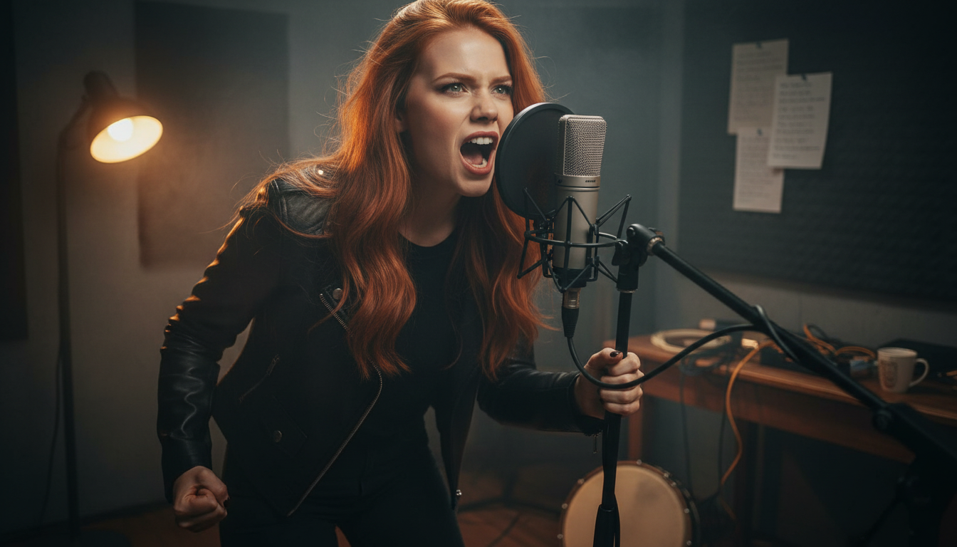 Scarlet Thornes with hazel brown eyes in a dimly lit music studio recording Gathering of the Clans