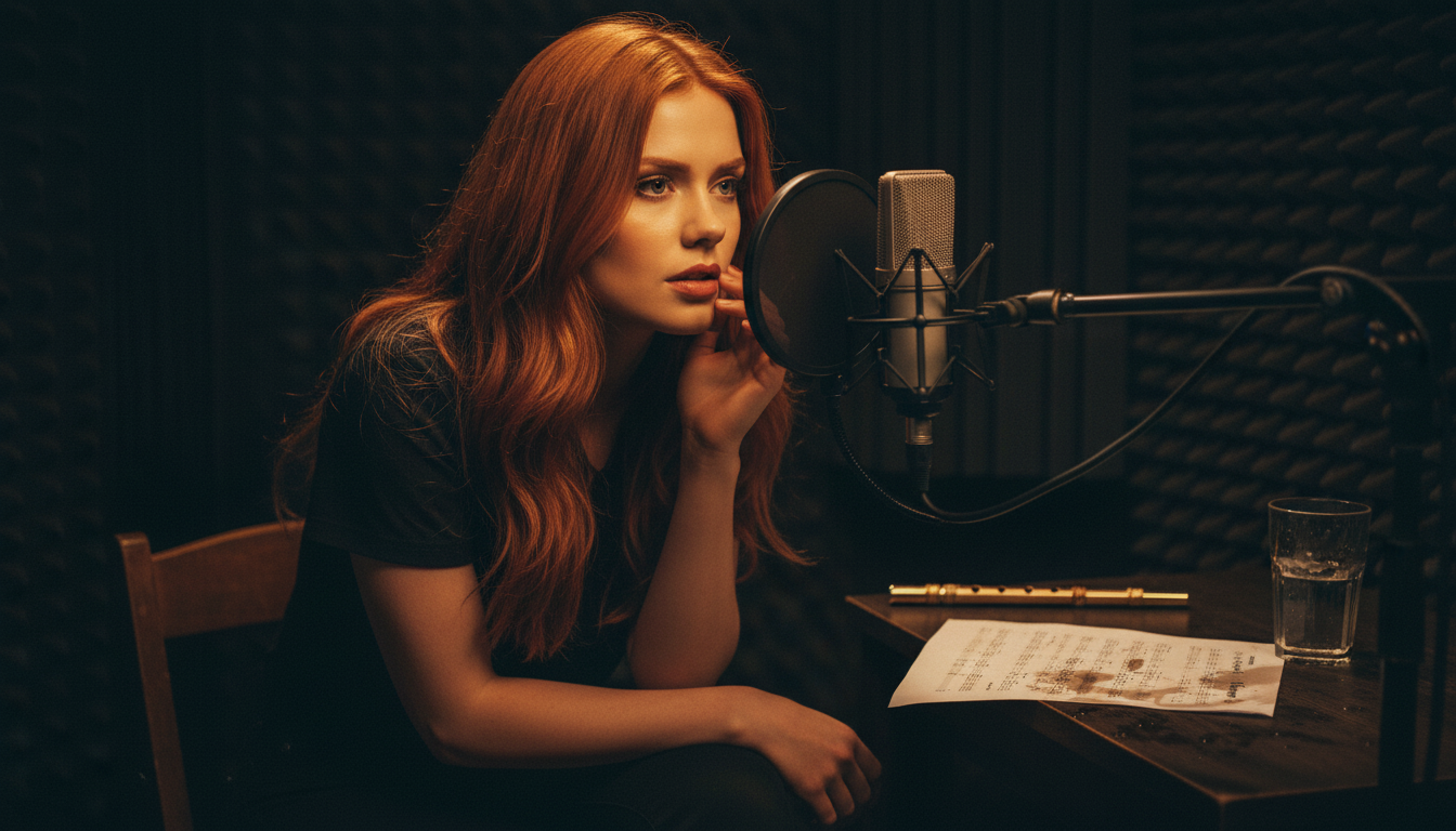 Scarlet Thornes with hazel brown eyes in a dimly lit music studio recording Whispering Moors