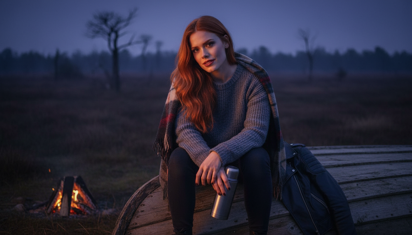 Scarlet resting after the music-video shoot on the peat moor at twilight, muddy boots, wind-down on set