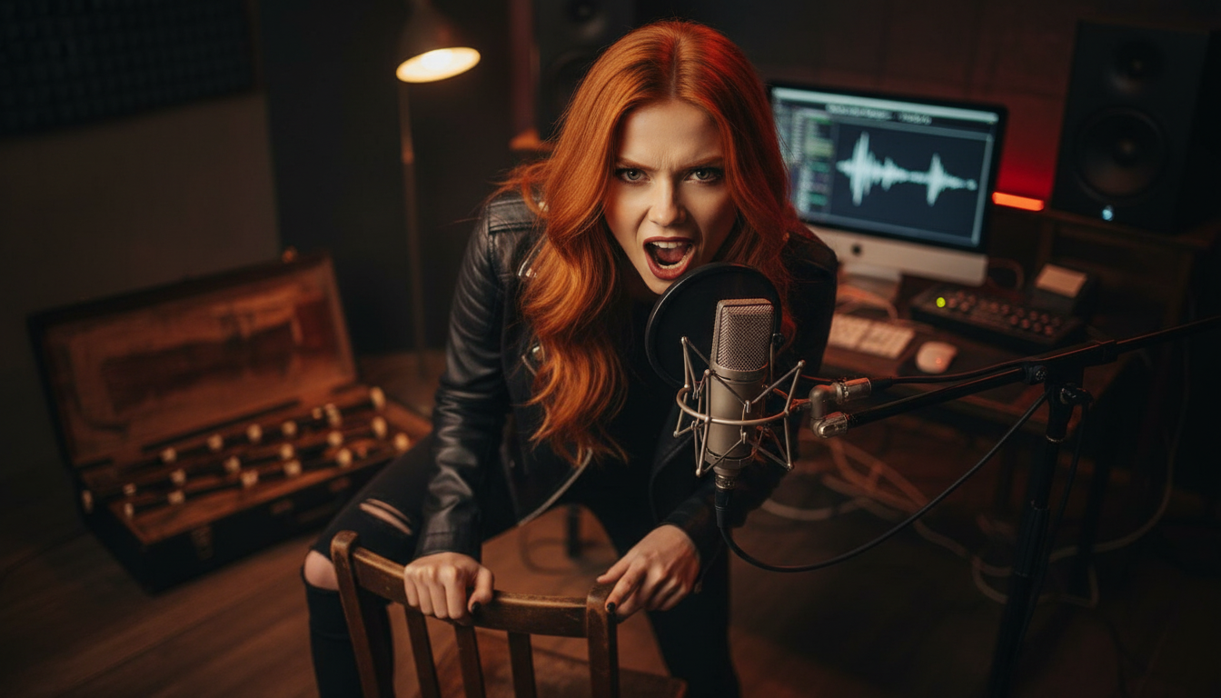 Scarlet Thornes with hazel brown eyes in a dimly lit music studio recording Blade and Bagpipe