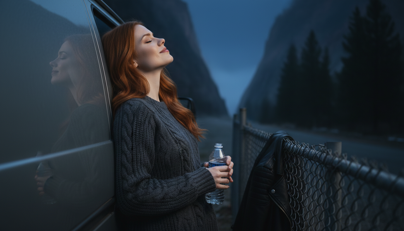 Scarlet resting after the music-video shoot at the canyon mouth, leaning on a van, wind-down on set
